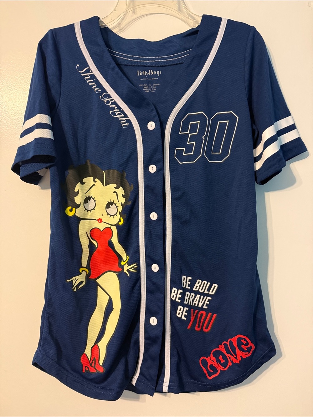 Betty Boop Navy Baseball Jersey Top with Red and White Accents
